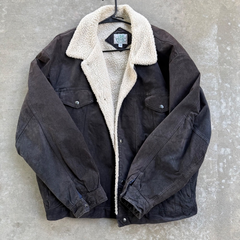 Vintage Ash Creek Mens  3XL Genuine Leather Suede Shearling Lined Trucker Jacket